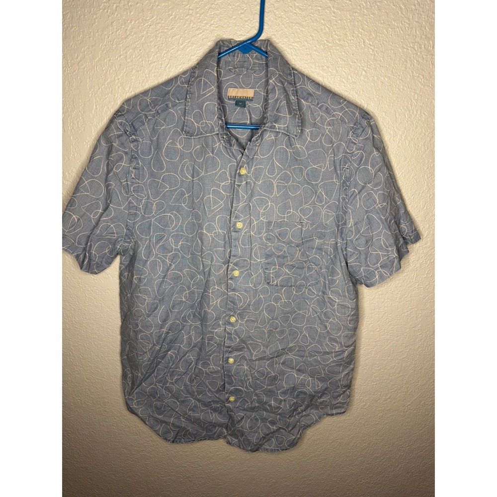 LINEN Breakwater Button Up Shirt Mens Medium Blue Abstract Scribble Excellent